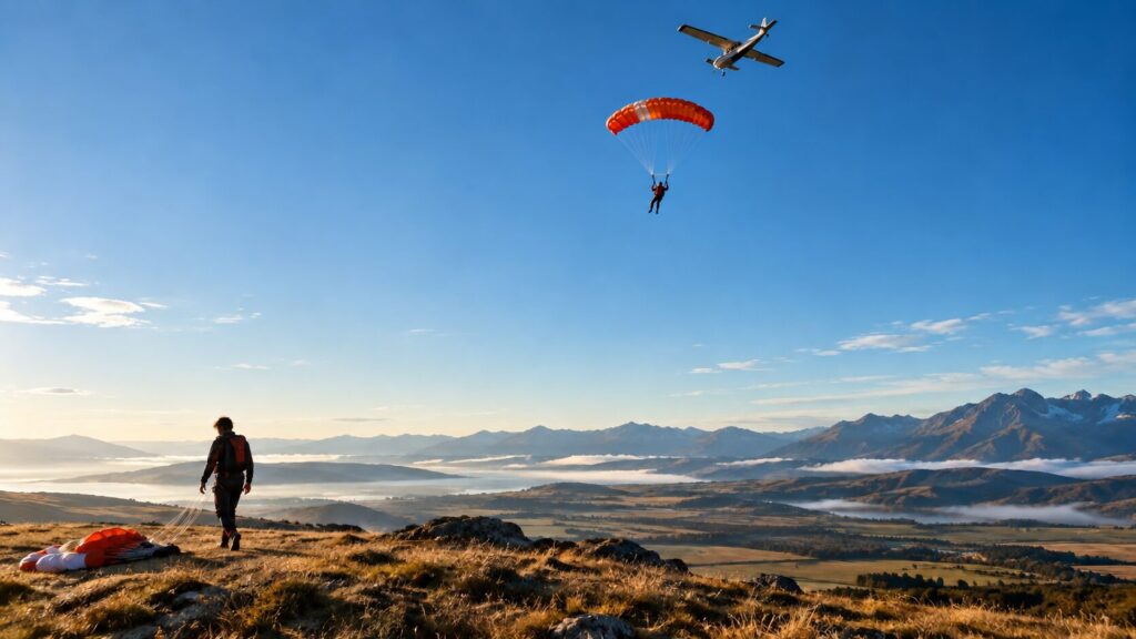 Skydiver descending beneath a red-orange parachute over a mountain valley, with a person watching from the ground